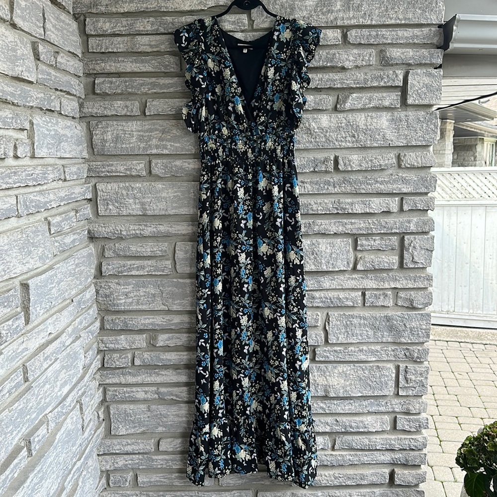 Cap Sleeve Vneck Ruched Stretchy Waistline Multi Floral Maxi Dress